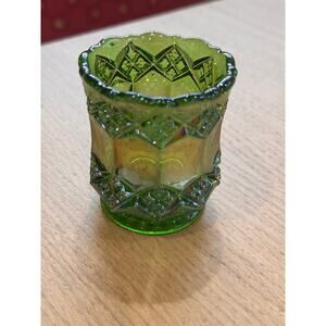 Vintage Imperial Helios Green Carnival Pressed Glass Toothpick Holder